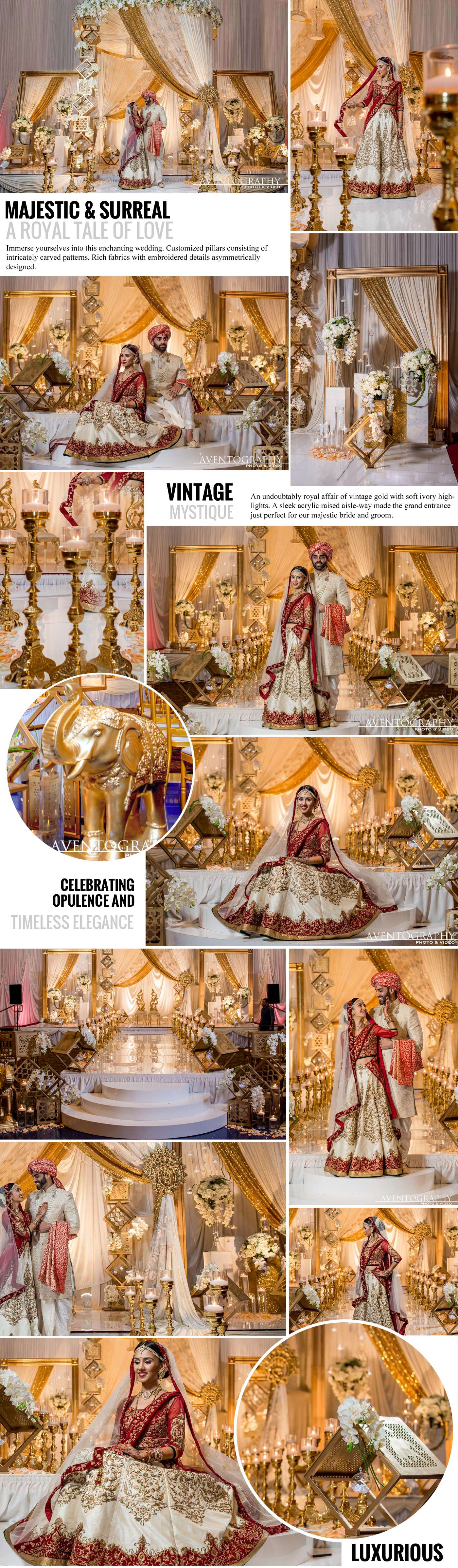 Majestic and surreal, A royal tale of Love, Immerse yourselves into this enchanting wedding. Customized pillars consisting of intricately carved patterns. Rich fabrics with embroidered details asymmetrically designed. Vintage Mystique, An undoubtably royal affair of vintage gold with soft ivory highlights. A sleek acrylic raised aisle-way made the grand entrance just perfect for our majestic bride and groom.